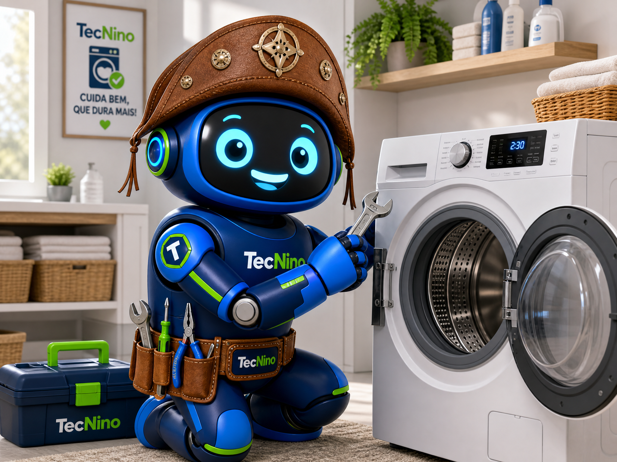 TecNino, o mascote da Frio Lava Tec, consertando uma lava e seca